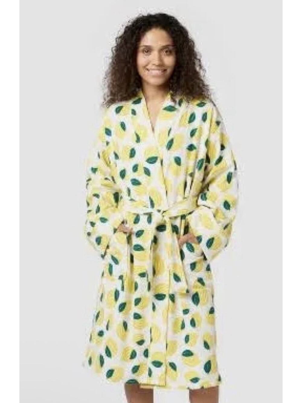 NWT Lemon Print Bath Robe S/M Yellow Green Leaves Belted Pockets Lounge